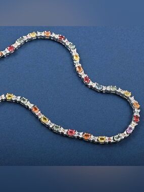 D'Joy 67 Natural Multi Sapphire 10 ctw Tennis Necklace 925 Silver 18” NWT in box